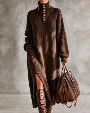 Turtleneck Button Slit Long Dress