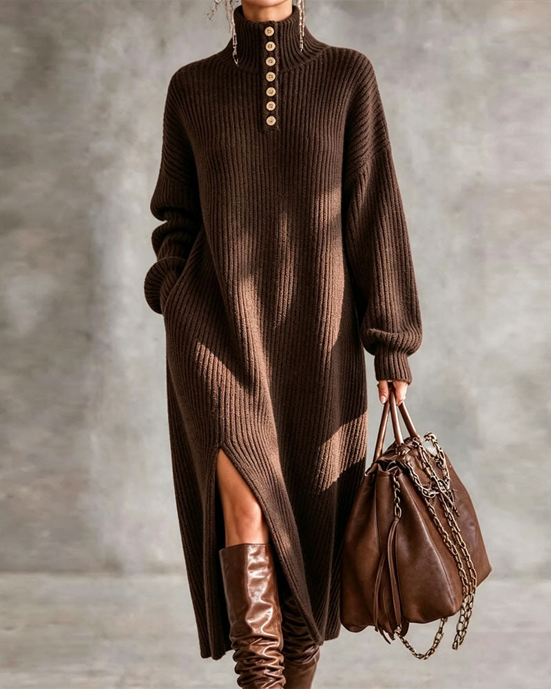 Turtleneck Button Slit Long Dress