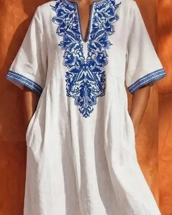 V-Neck Bohemian Full Skirt Pocket Dress