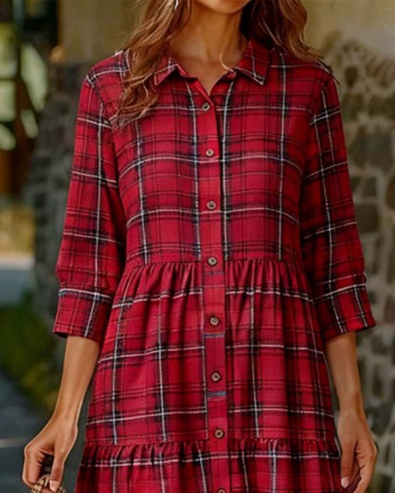 Plaid Seven-Quarter Sleeve Tiered Dress