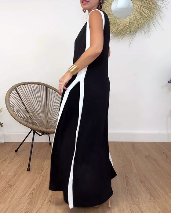 Fashionable contrasting print V-neck sleeveless dress