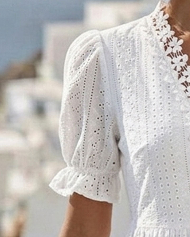 Puff Sleeve V-Neck Lace A-Line Dress