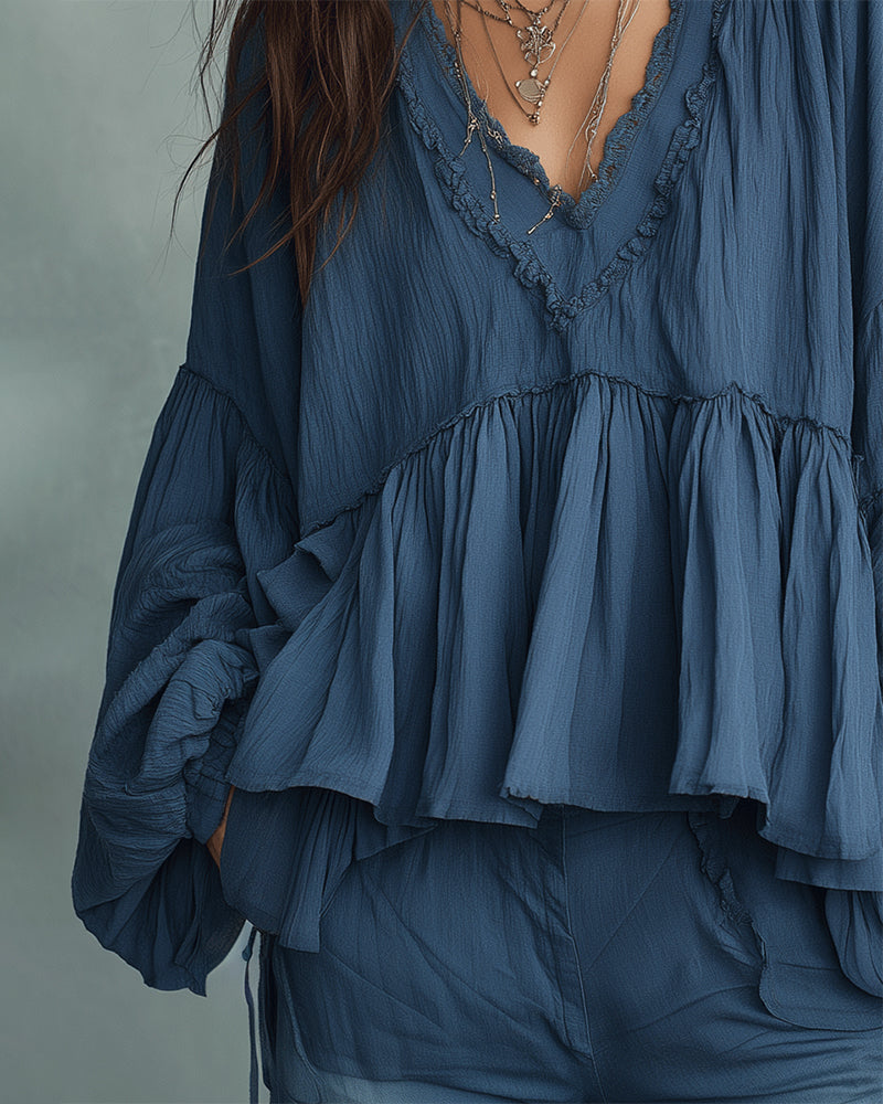 Bohemian-Style Puff Sleeve V-Neck Blouse