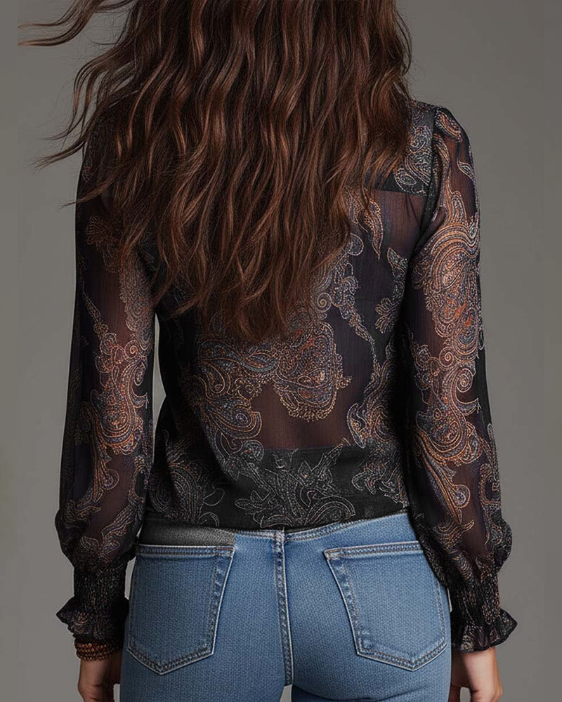 Half-Zip Ruffle Retro Blouse