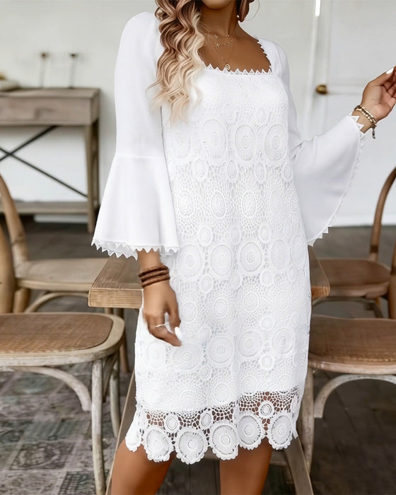 Square Neck Flared Sleeve Lace Dress