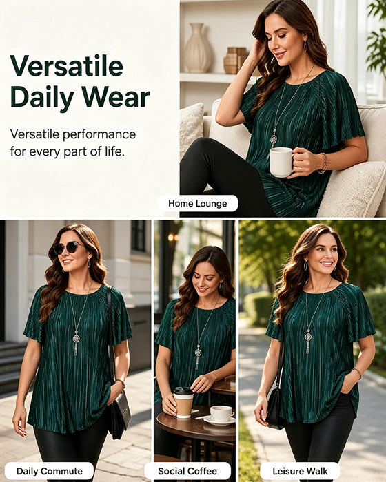 Plus Size Solid Pleated Short Sleeve T-Shirt