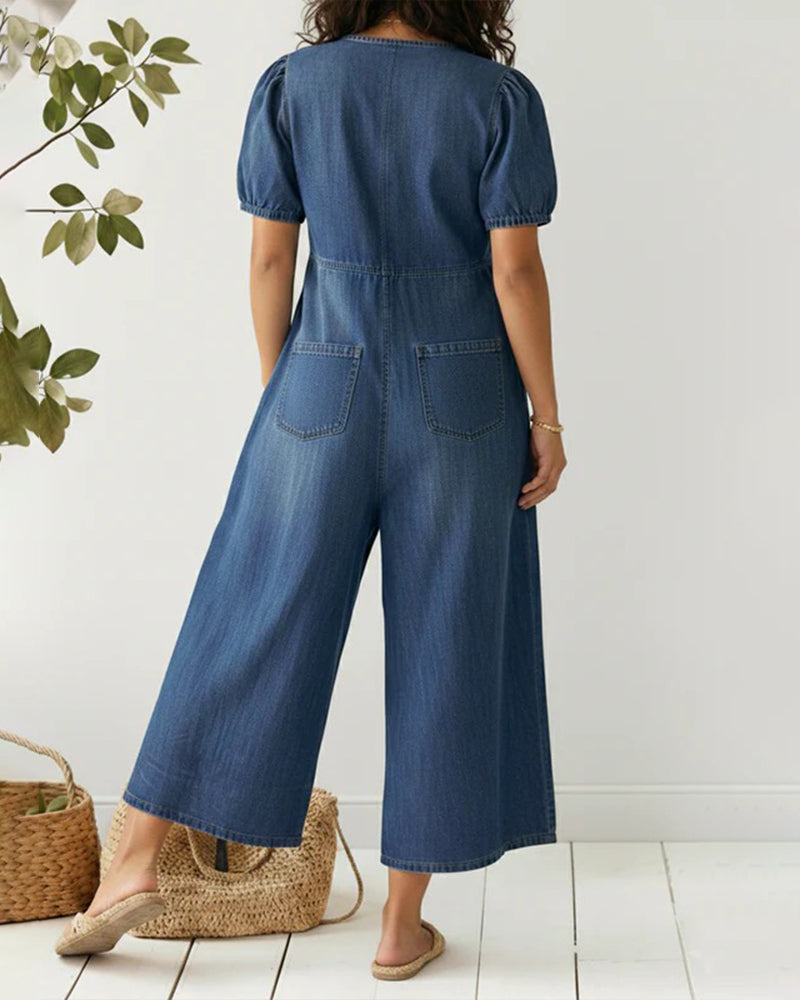 V-Neck Tie Denim Wide Leg Jumpsuit