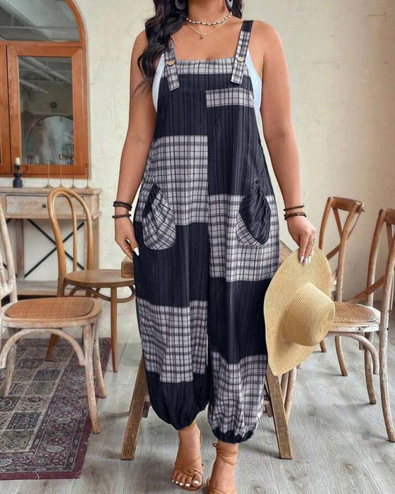 Plaid Color-Block Overall Jumpsuit