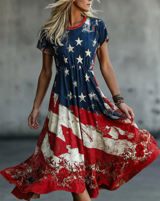 Flag Crew Neck Waist A-Line Dress