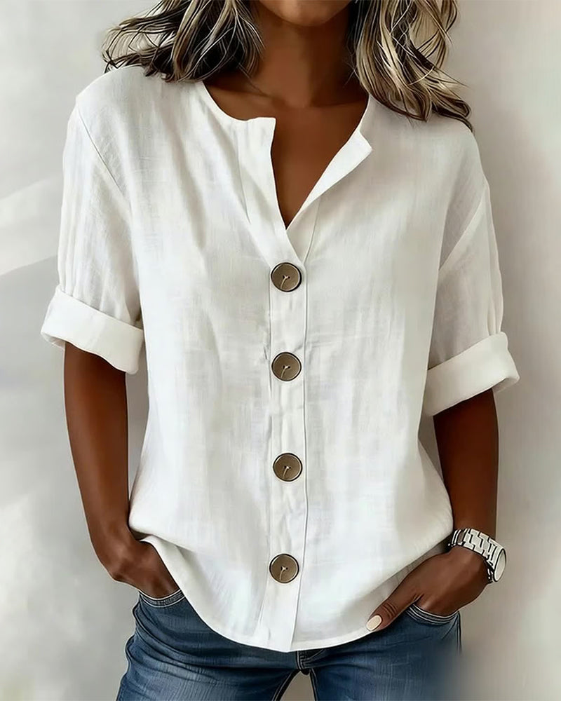 Large Button Loose Short Sleeve Blouse