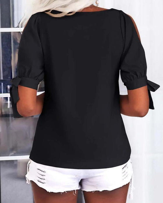 V-Neck Cold Shoulder Bowknot Solid Color Blouse