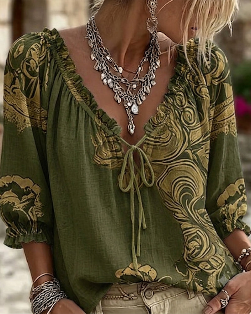 V-Neck Tie Puff Sleeve Blouses