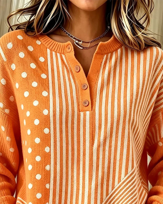 Button Front Stripe Polka Dot Drop Shoulder Knit Pullover