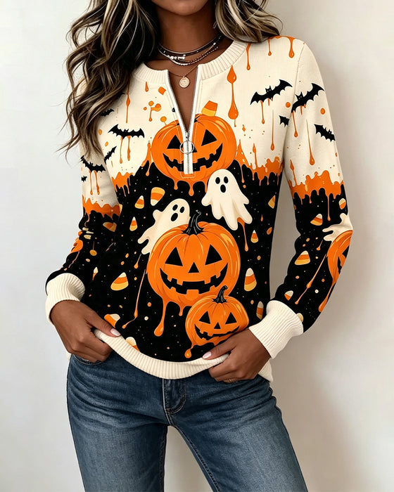 Zip Long Sleeve Pumpkin Print Sweatshirts