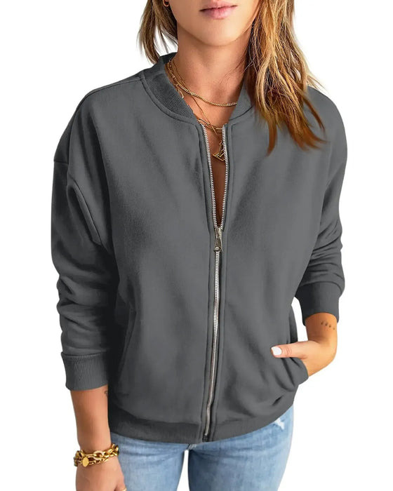 Solid Color Stand Collar Zip Pocket Coat
