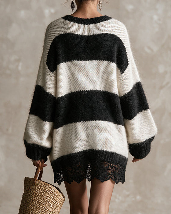 V-Neck Striped Lace Patchwork Sweater Dress