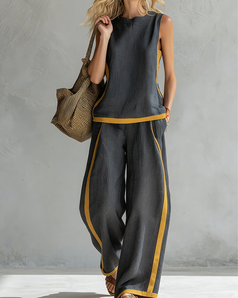 Sleeveless Casual Color-Blocked Two-Piece Set