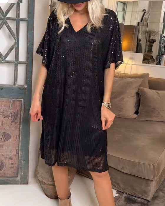 V-Neck Sequined Casual Dress