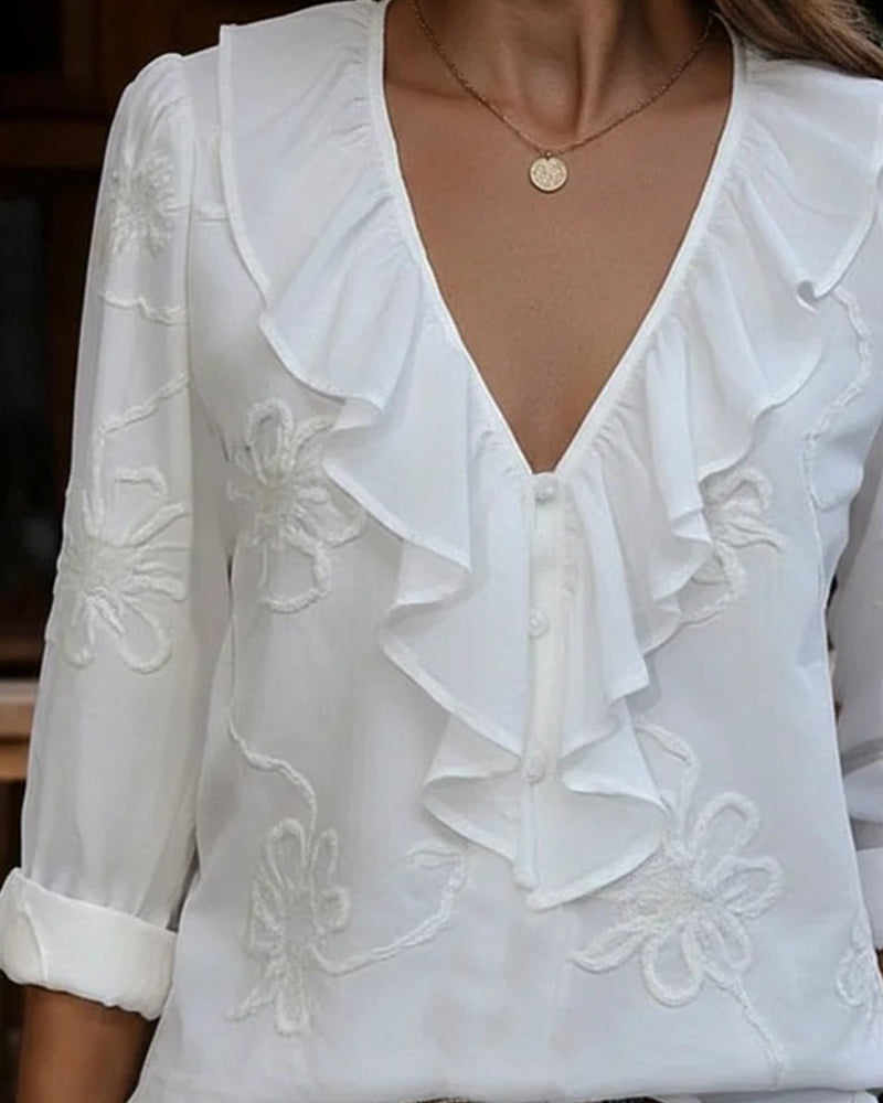 Ruffle Collar Embroidered Flower Blouse