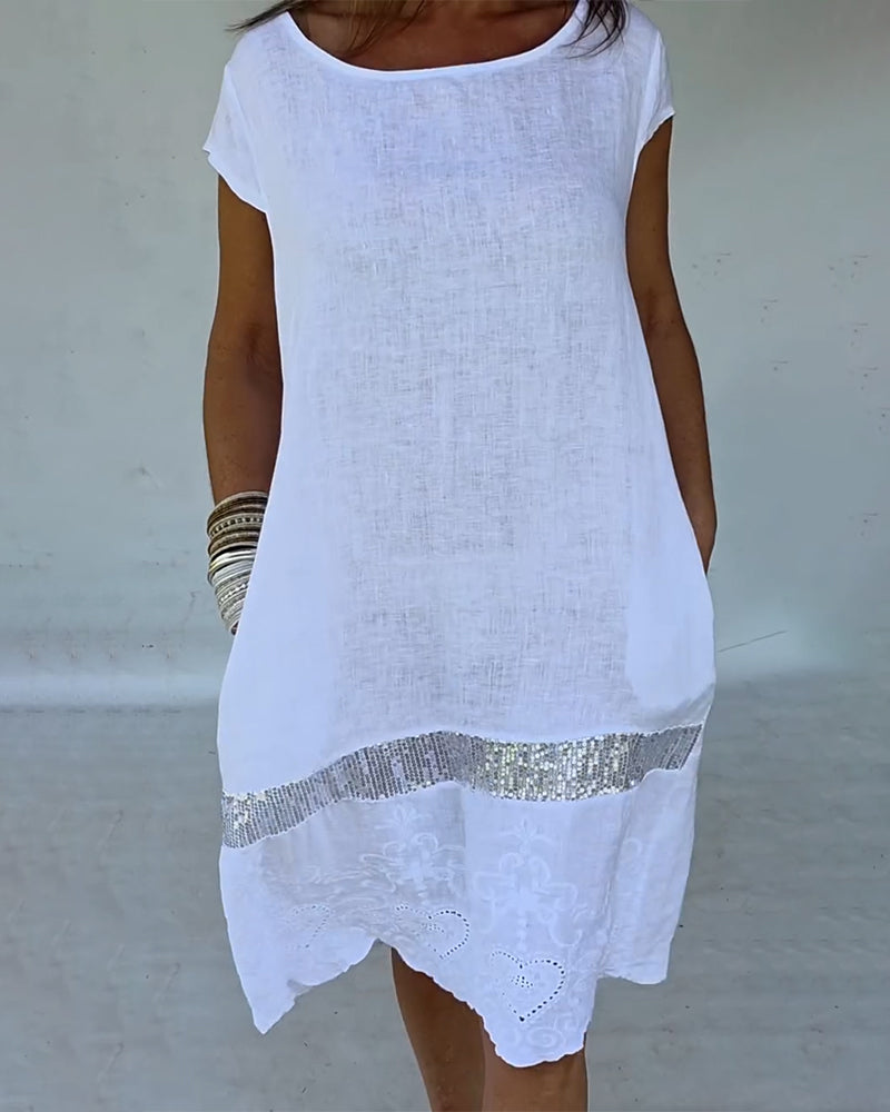 Round Neck Short Sleeve Solid Color Dress