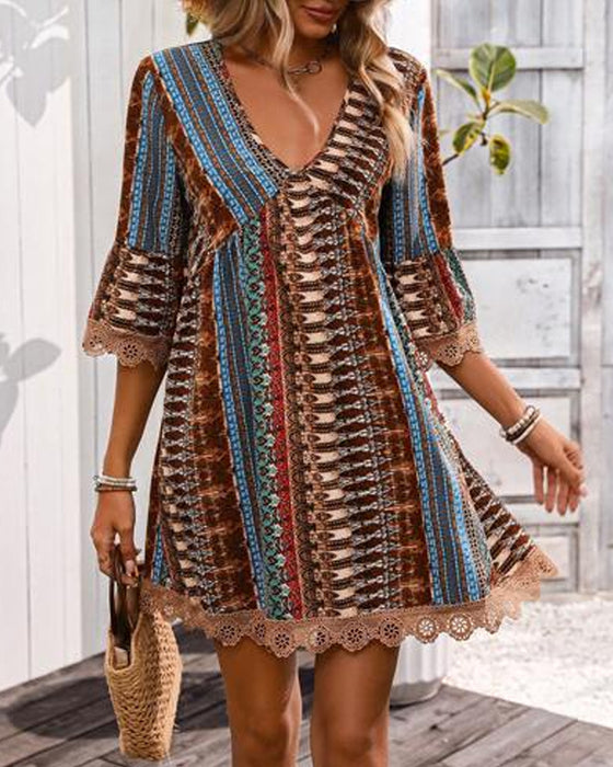 V-Neck Lace Three-Quarter Sleeve Dress
