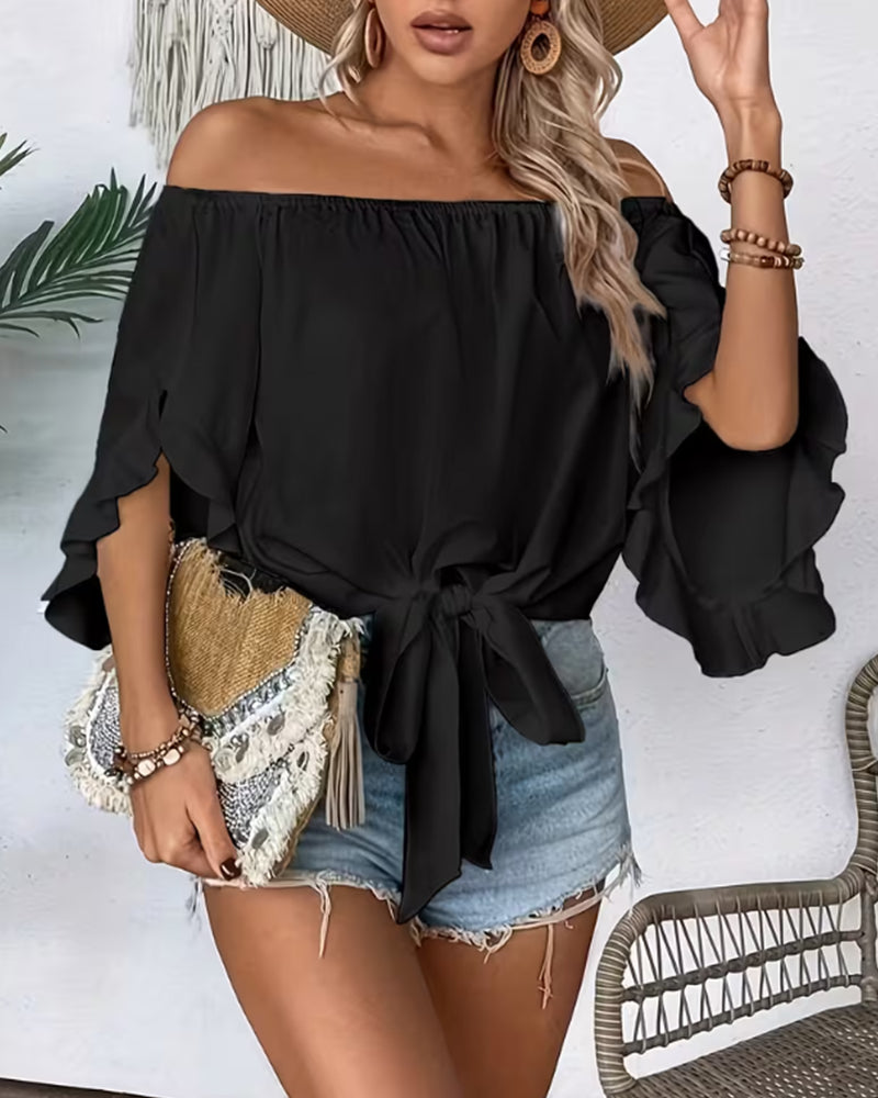Off-Shoulder Bow Flare Sleeve Blouse