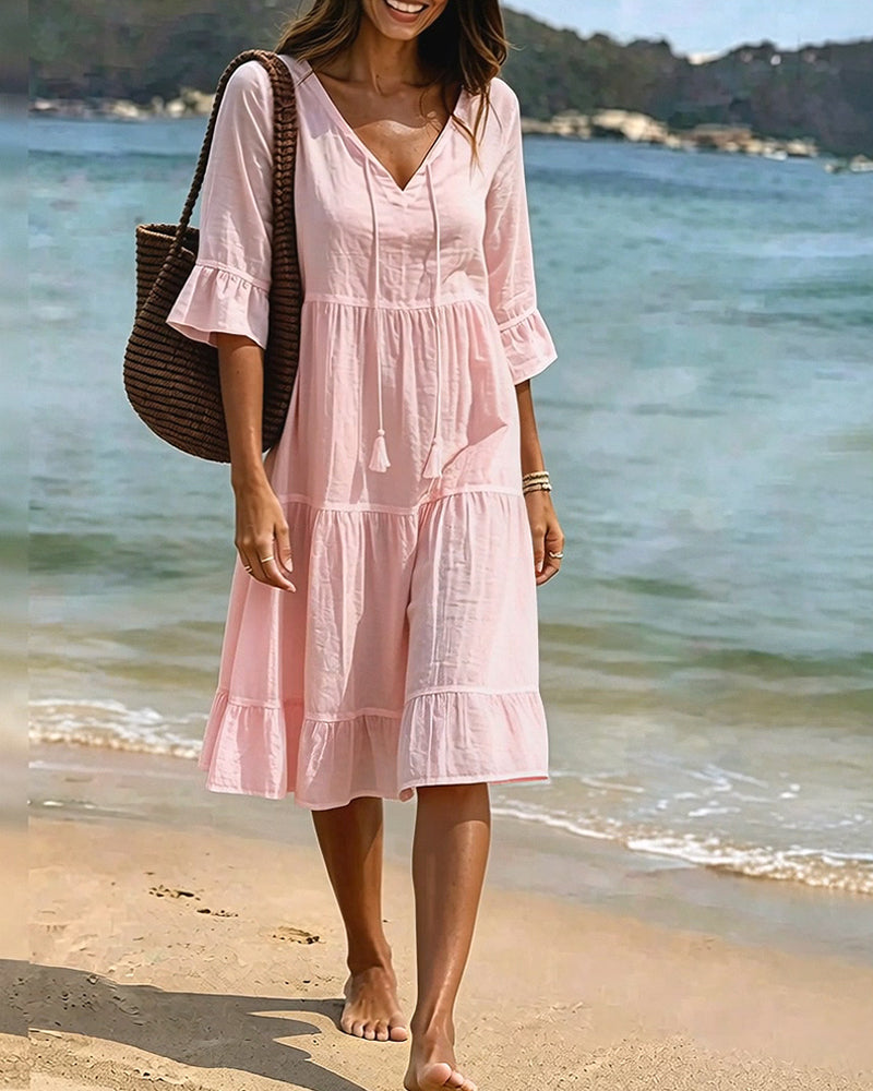 Flared Half Sleeve Tie Waist Dress