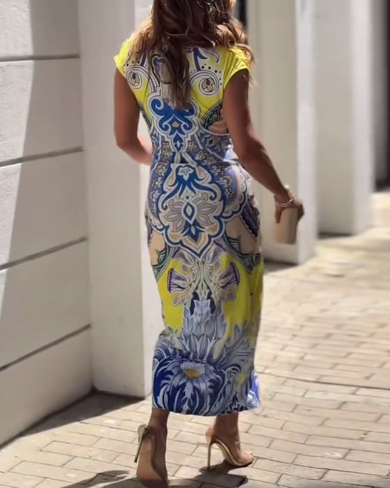 Vintage print v-neck elegant dress