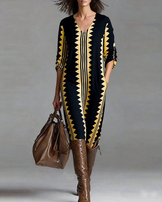 V-Neck Geometric Print Fashion Dress