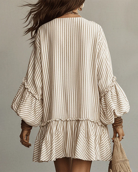 V-Neck Lantern Sleeve Striped Mini Dress