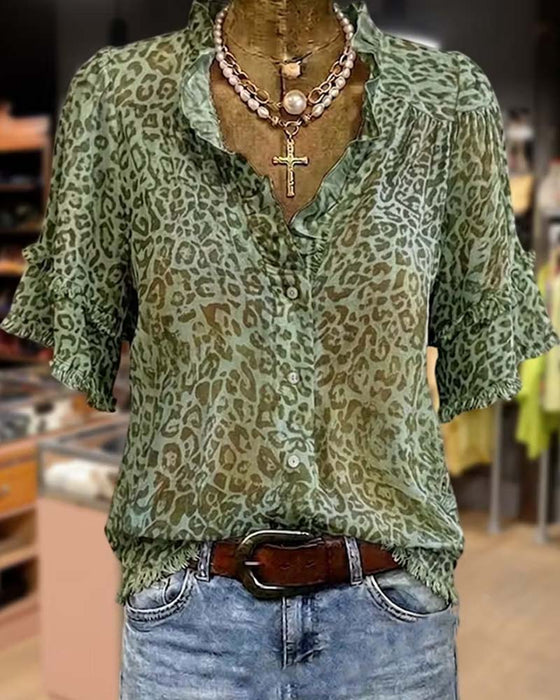Green-Toned Leopard Print Ruffle Blouse