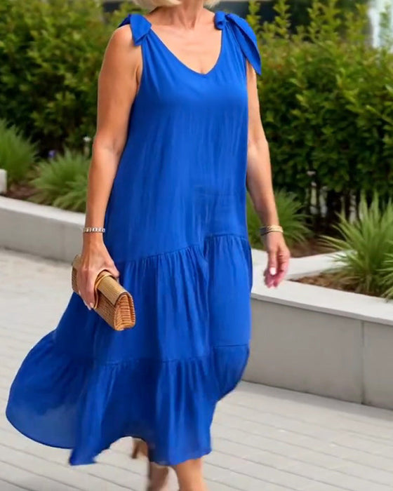 Tie-Strap Solid Color Mid-Length Dress
