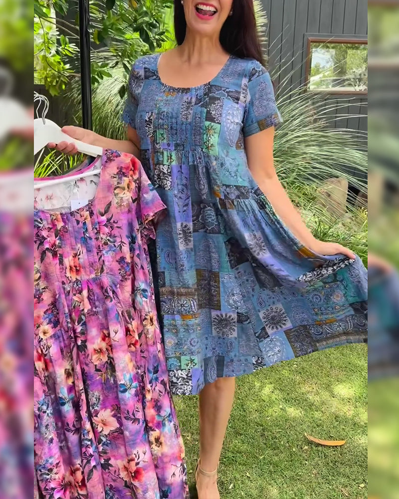 Round Neck Pleated Printed A-Line Dress