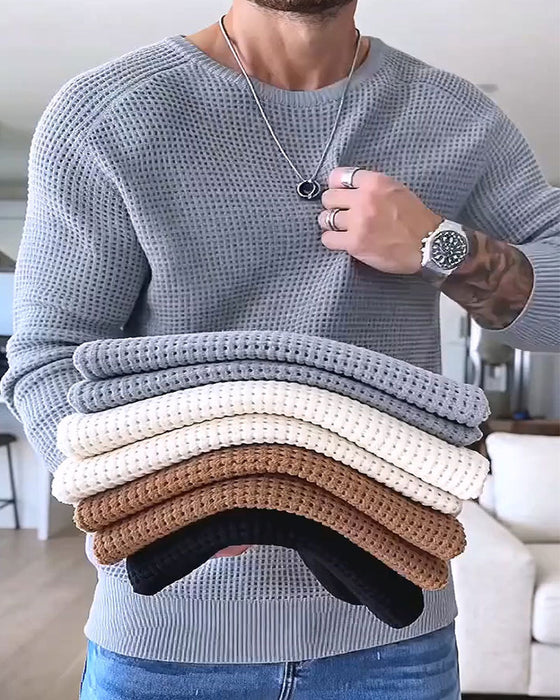 Men's Crew Neck Waffle Long-Sleeve Pullover