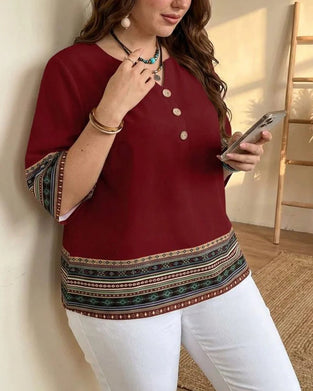 Ethnic-Style Striped Three-Quarter Sleeve Blouse