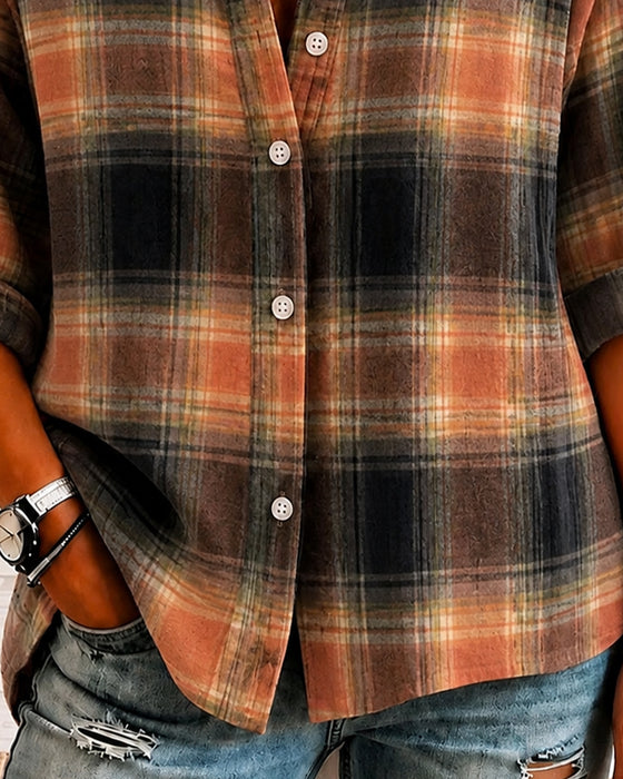 Lapel Checkered Long Sleeve Shirt