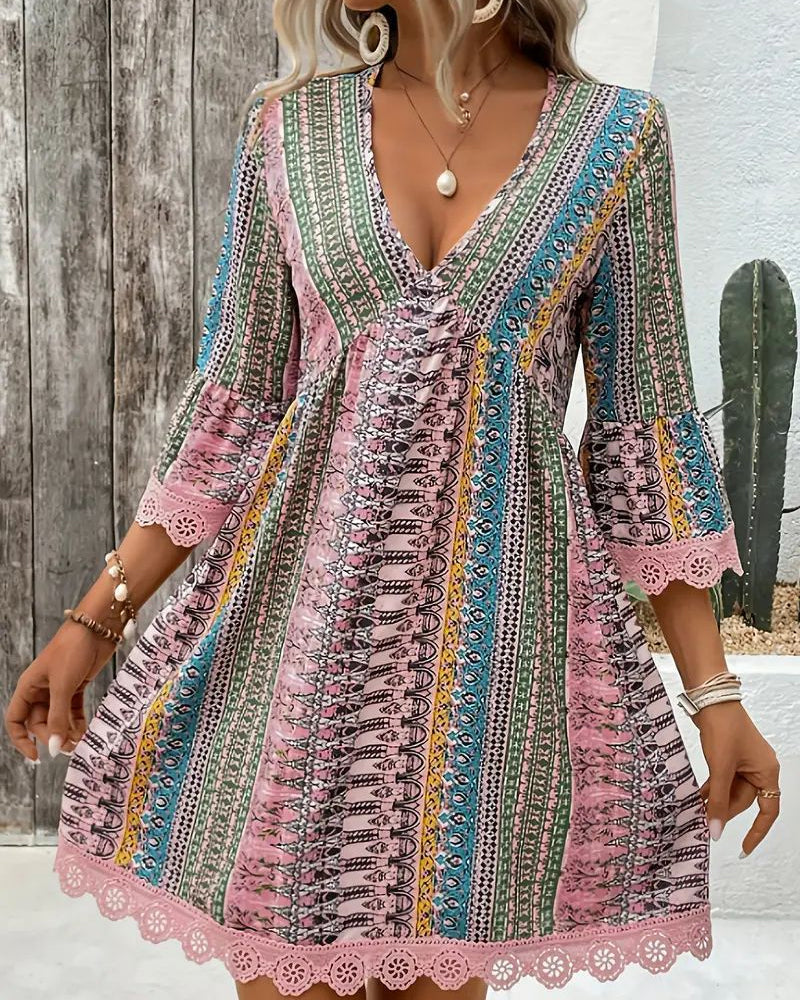 V-Neck Lace Three-Quarter Sleeve Dress