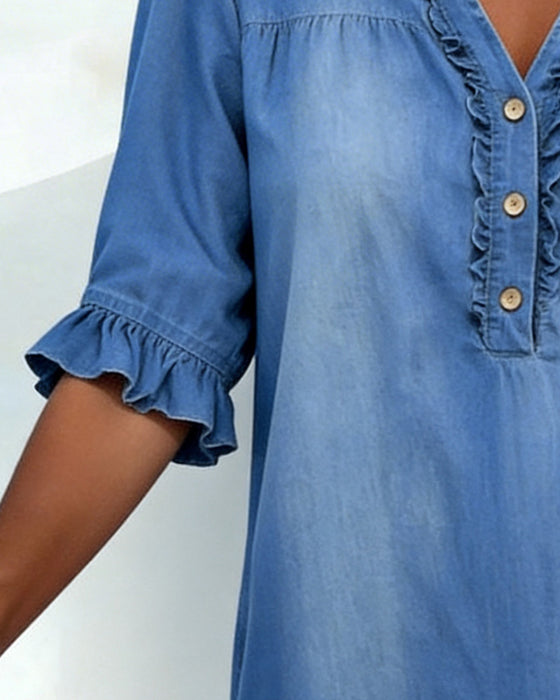 Ruffle V-Neck Denim Dress