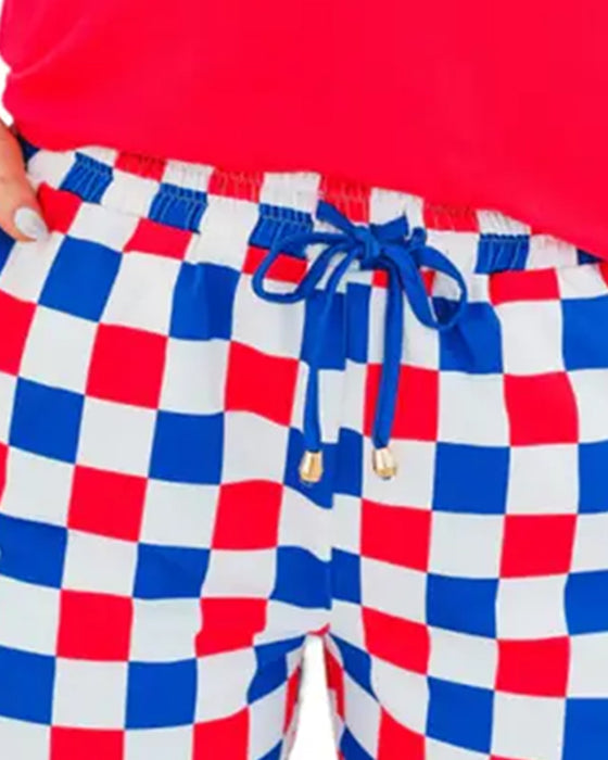 Checkerboard Drawstring Casual Shorts