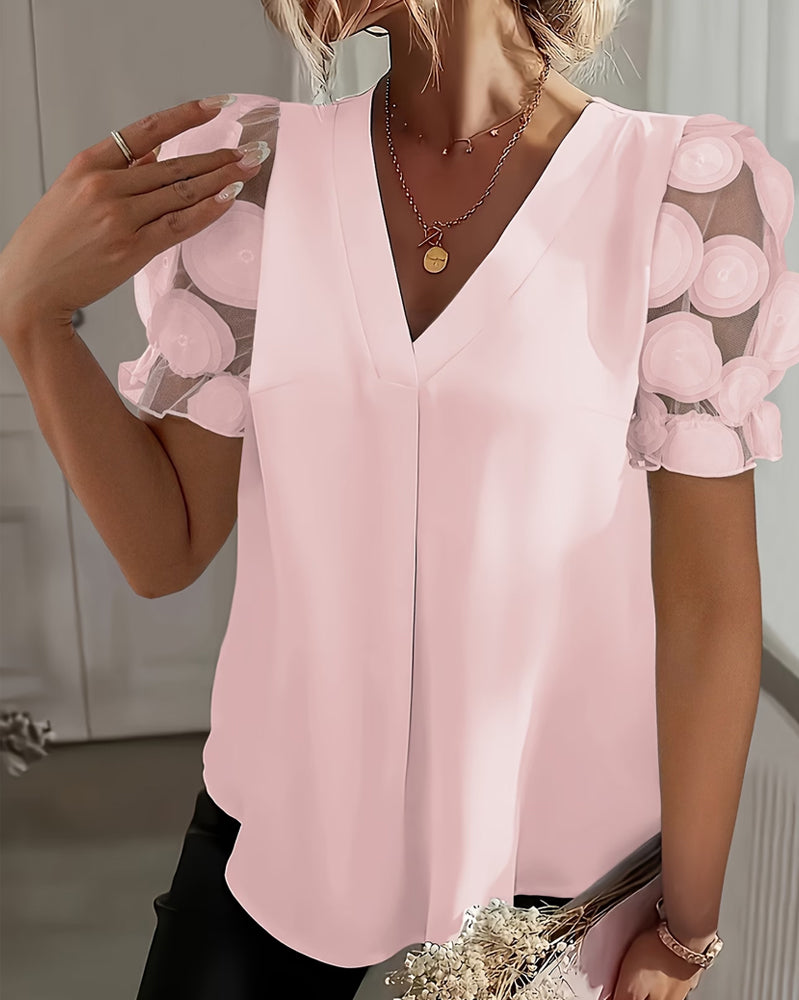 Puff Sleeve Mesh V-Neck Blouse