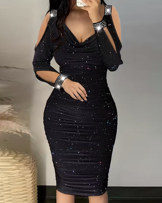Rhinestone-Studded Fitted Off-Shoulder Dress