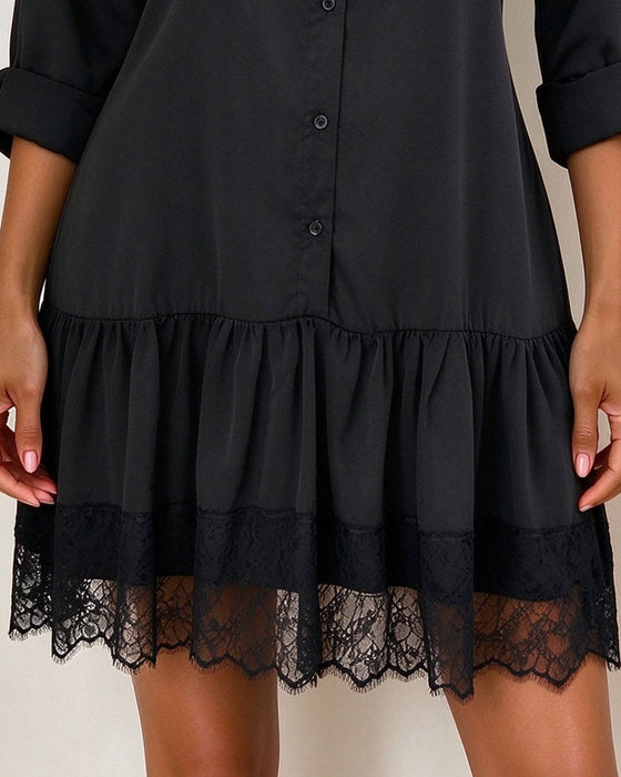 Stand Collar Patchwork Lace Hem Dress