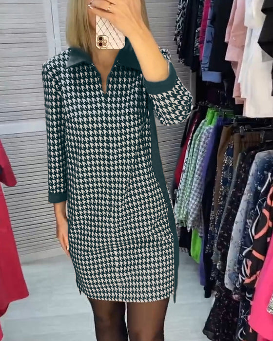 Lapel Dress with Pocket and Plaid