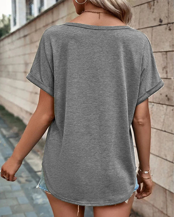 V-neck Hollow Out T-shirt with Short Sleeves