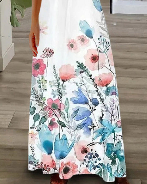 Floral print lace short sleeve long dress