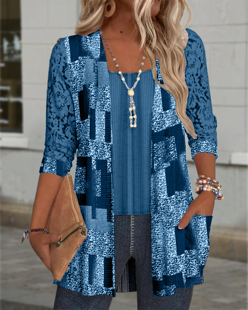 Faux Two-Piece Printed Long-Sleeved Blouse