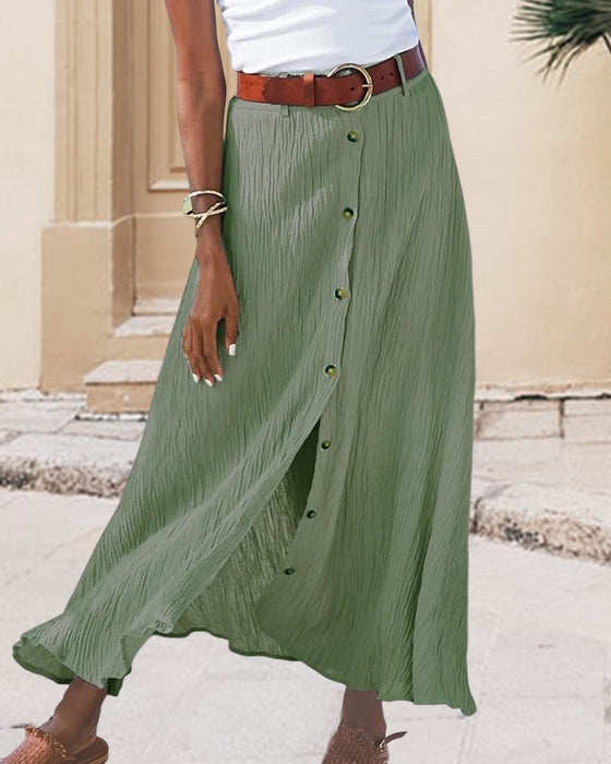 Button Slit Solid Color Long Skirt