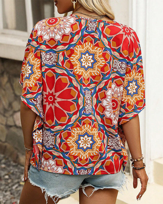 Retro printed V-neck button half sleeve blouse