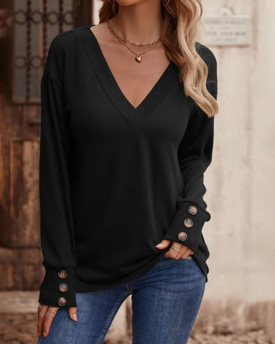 Solid color v neck button long sleeve top