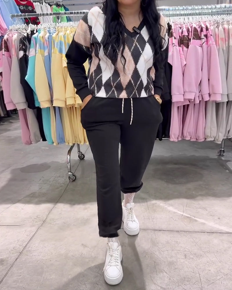 Diamond-Patterned Top And Trousers Two-Piece Set